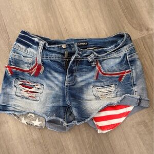 Flamingoals Women's Blue Distressed Denim Shorts with Red Trim